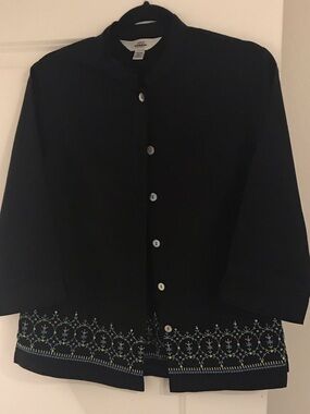 Women's Black Button-Front Shirt Jacket with Embroidered Hem by Akiko
